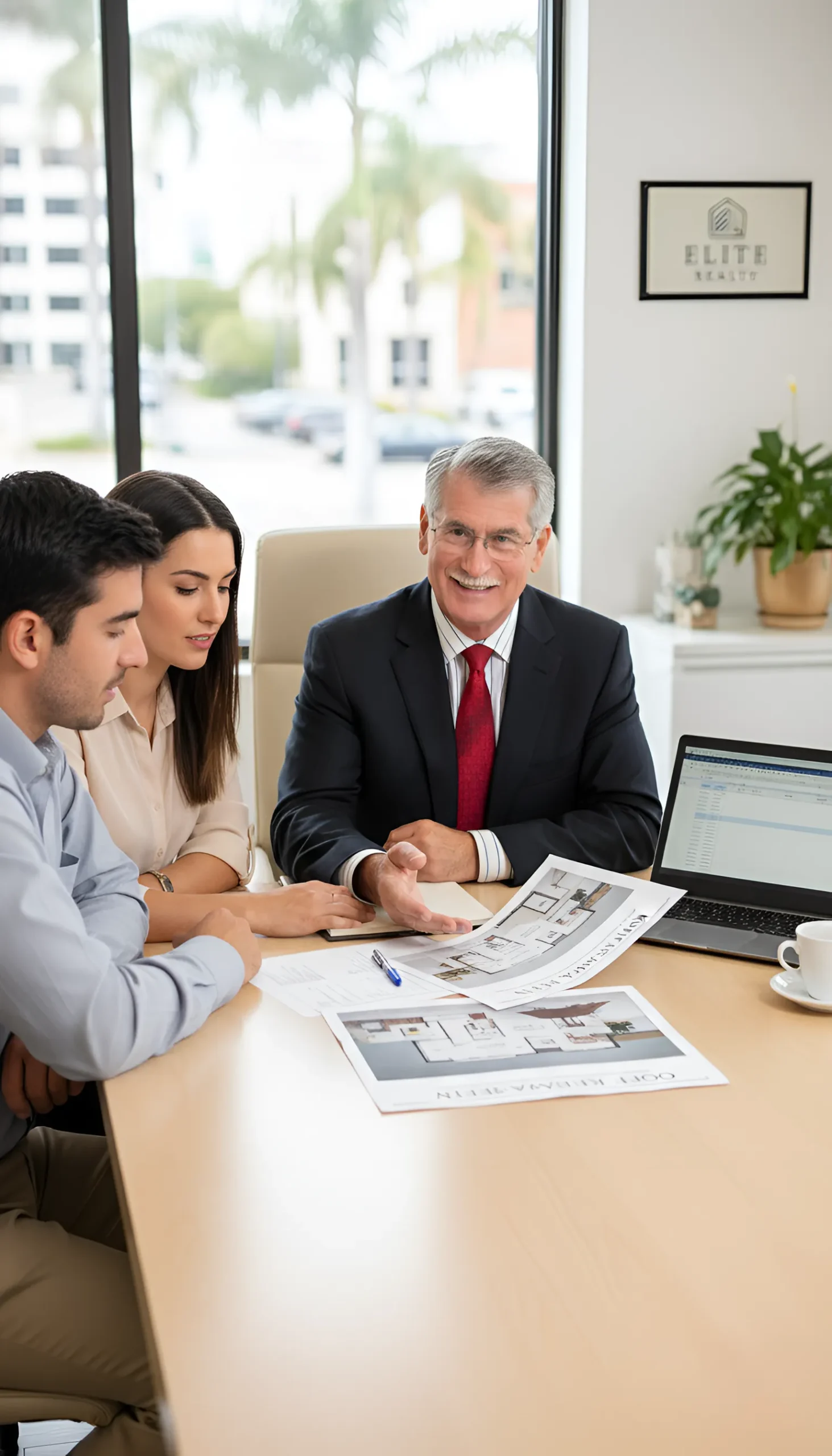 Man in a suit talking with a couple at a table with a laptop and papers.