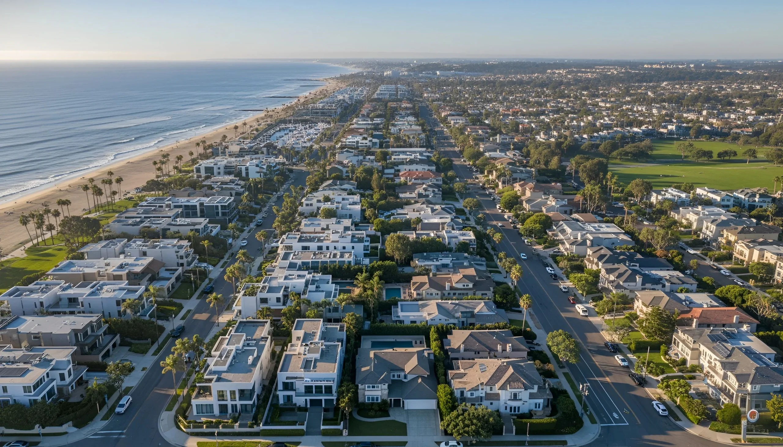 Houses California real estate in coastal neighborhood with palm trees and beach in distance