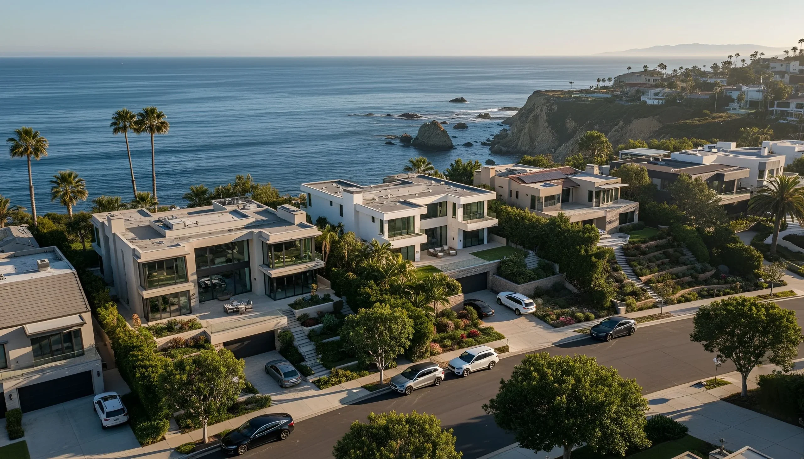 Luxury houses California real estate near ocean with palm trees and cliffs in background