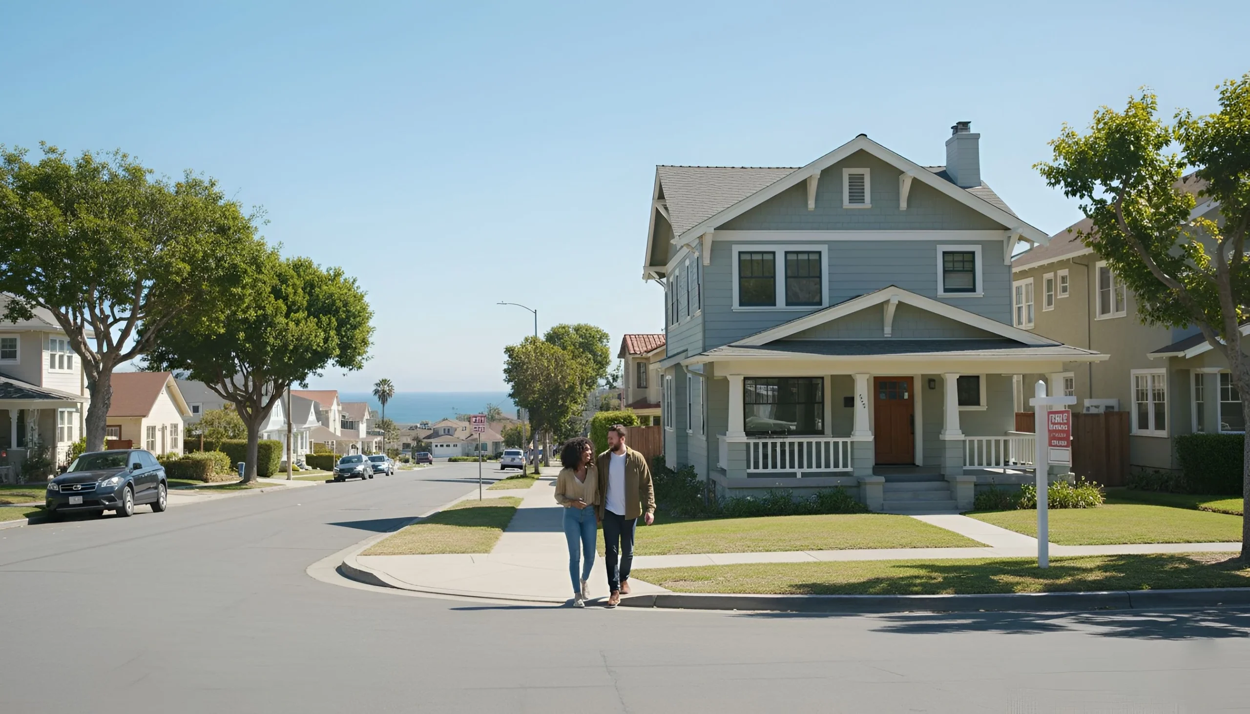 Couple walking on street with houses and ocean view in distance