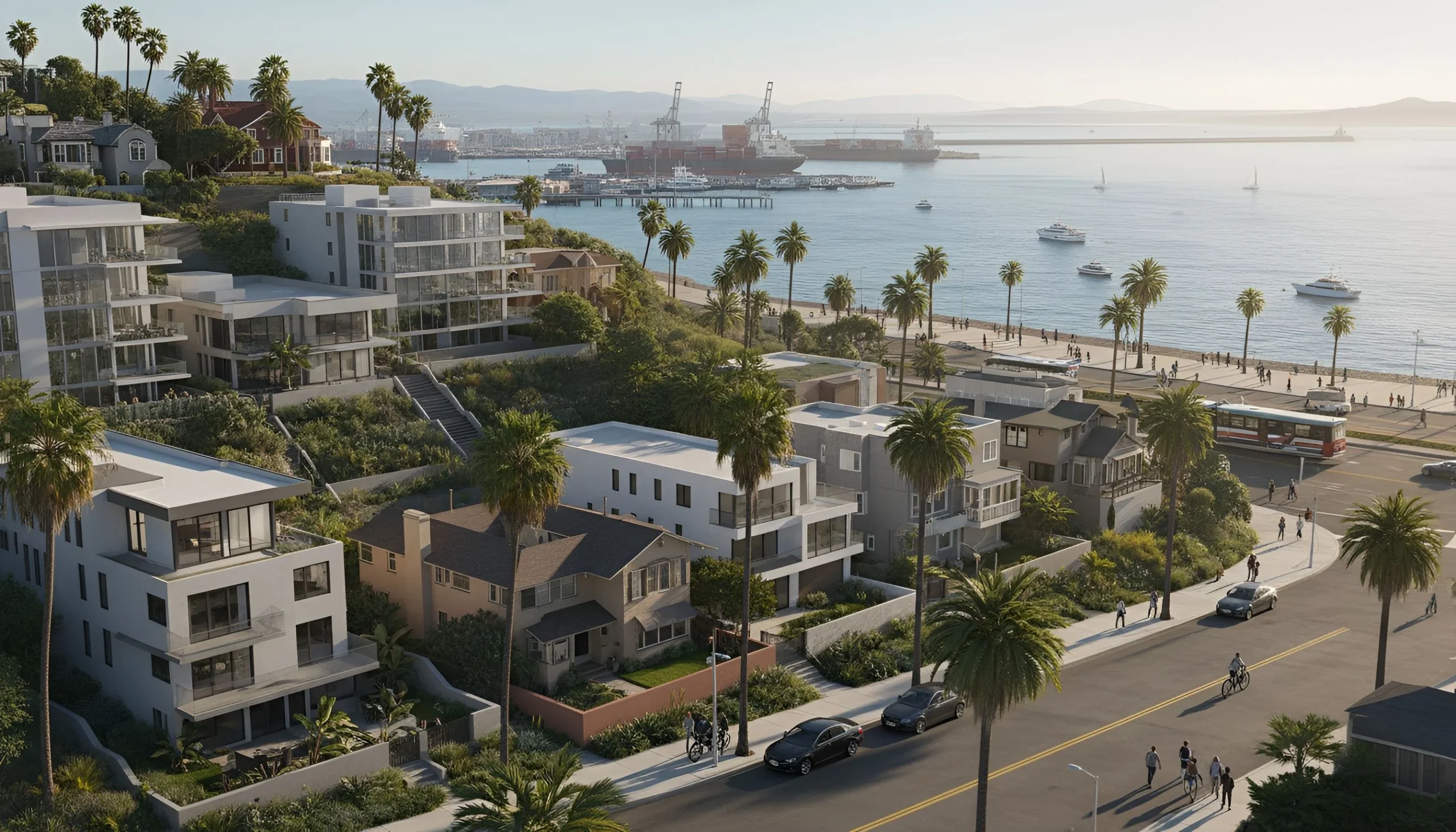 Homes California real estate in coastal neighborhood with palm trees, beach, sailboats, and people walking and cycling